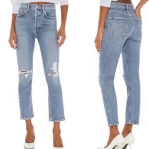 Agolde Riley Straight Leg Distressed Light Wash Jeans Size 30